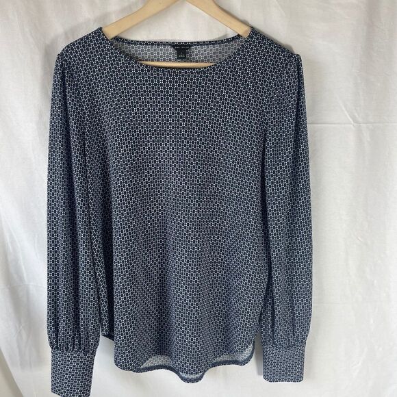 Ann Taylor Navy/White Square Diamond Print Blouse Cuff Sleeves Sz M - Picture 1 of 7